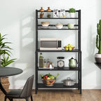 Étagère de cuisine industrielle à 5 niveaux pour micro-ondes, support de boulanger avec huche, blanche, moderne, étagère de rangement utilitaire pour la cuisine.