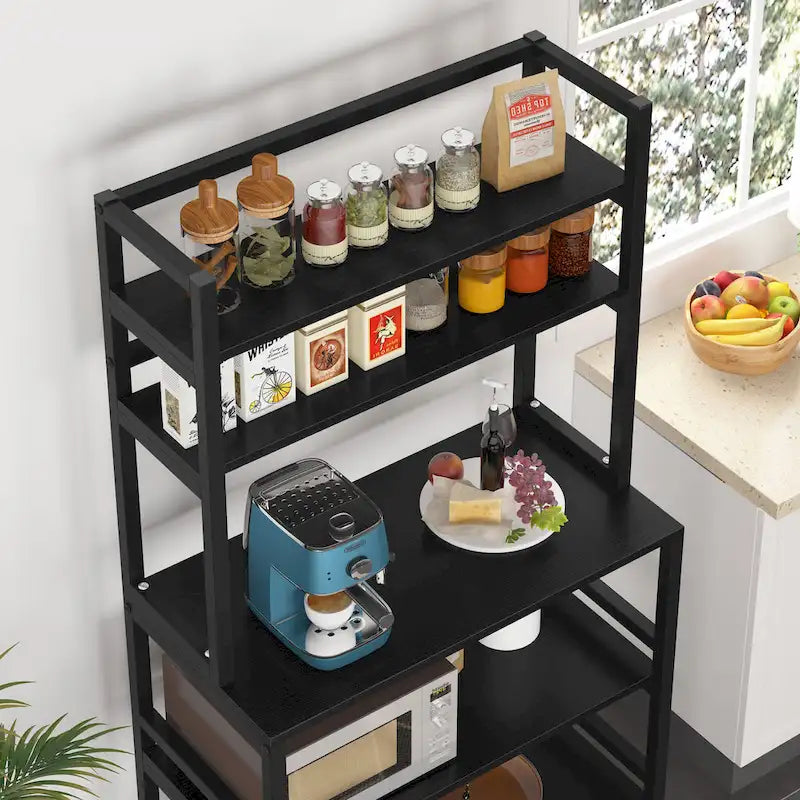 Étagère de cuisine industrielle à 5 niveaux pour micro-ondes, support de boulanger avec huche, blanche, moderne, étagère de rangement utilitaire pour la cuisine.