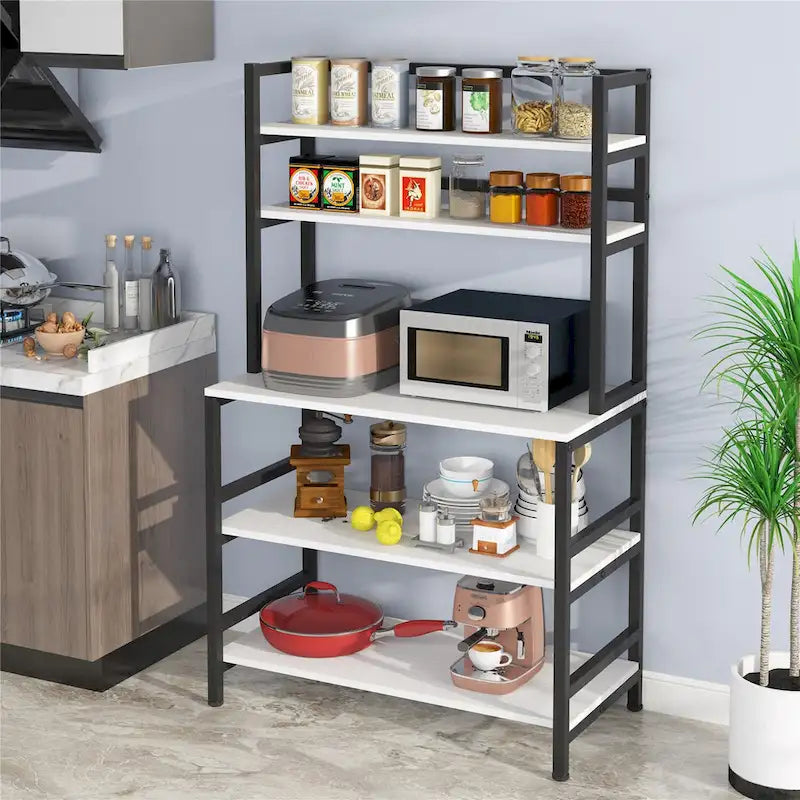 Étagère de cuisine industrielle à 5 niveaux pour micro-ondes, support de boulanger avec huche, blanche, moderne, étagère de rangement utilitaire pour la cuisine.