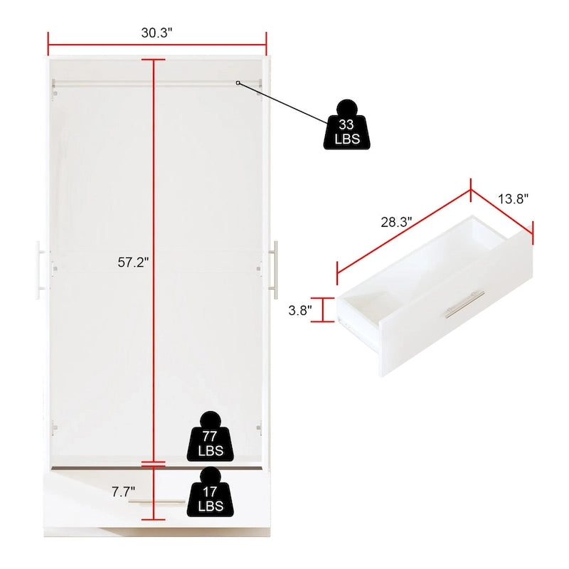 Armoire de chambre 2 portes South Shore avec tiroir de rangement et tringle à vêtements