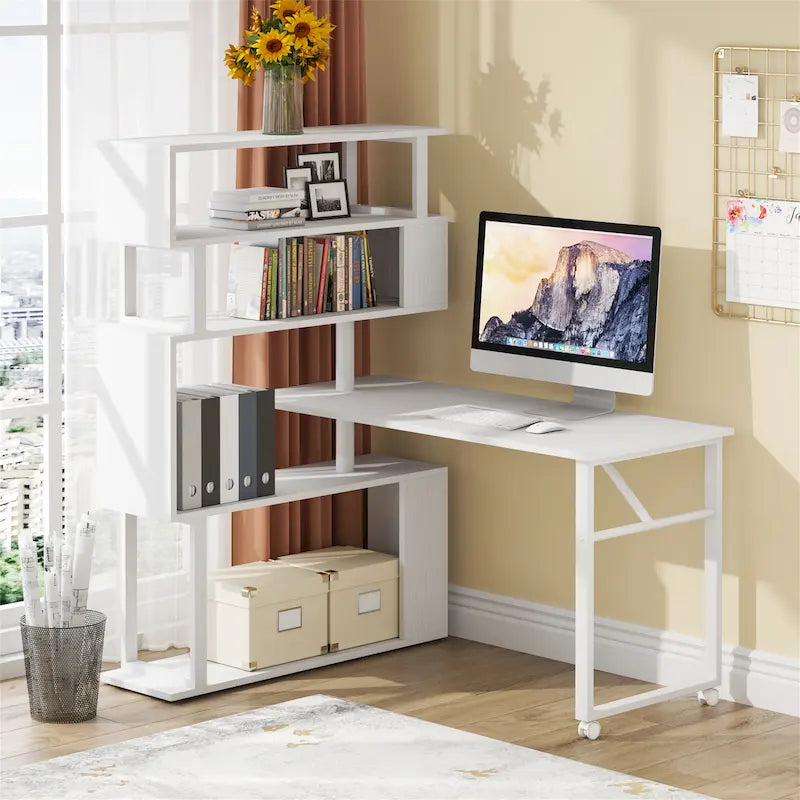 Bureau d'angle en L rotatif marron/noir avec étagère de rangement pour bureau à domicile