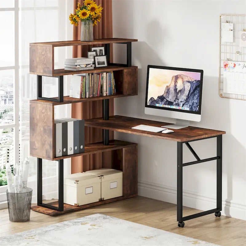 Bureau d'angle en L rotatif marron/noir avec étagère de rangement pour bureau à domicile