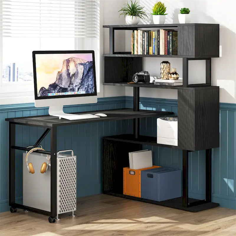 Bureau d'angle en L rotatif marron/noir avec étagère de rangement pour bureau à domicile