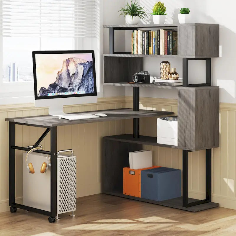 Bureau d'angle en L rotatif marron/noir avec étagère de rangement pour bureau à domicile
