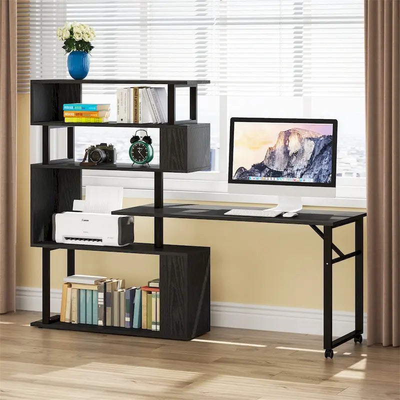 Bureau d'angle en L rotatif marron/noir avec étagère de rangement pour bureau à domicile