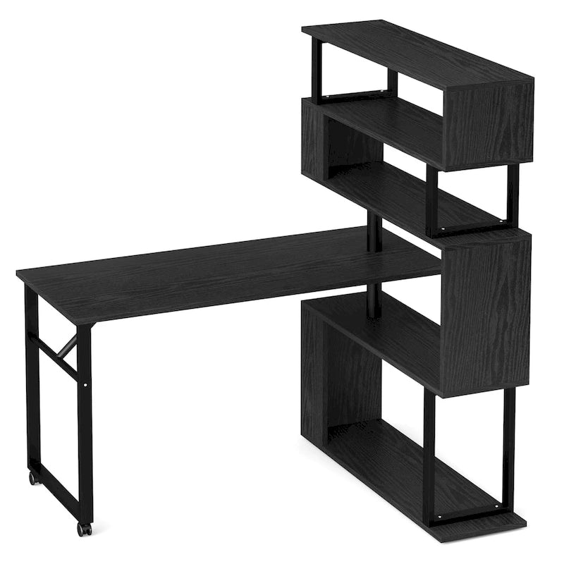 Bureau d'angle en L rotatif marron/noir avec étagère de rangement pour bureau à domicile