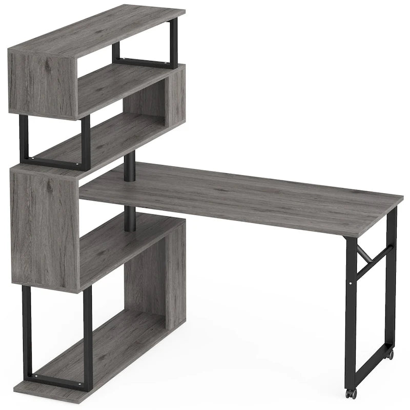 Bureau d'angle en L rotatif marron/noir avec étagère de rangement pour bureau à domicile