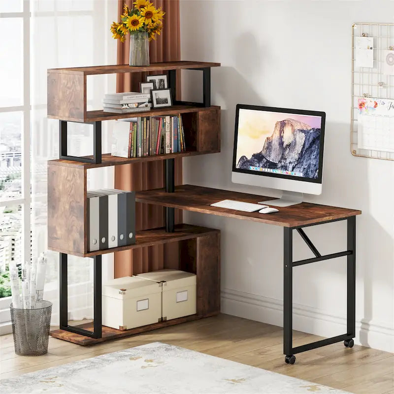 Bureau d'angle en L rotatif marron/noir avec étagère de rangement pour bureau à domicile