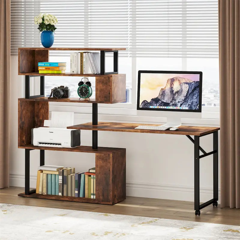 Bureau d'angle en L rotatif marron/noir avec étagère de rangement pour bureau à domicile