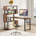 Bureau d'angle en L rotatif marron/noir avec étagère de rangement pour bureau à domicile