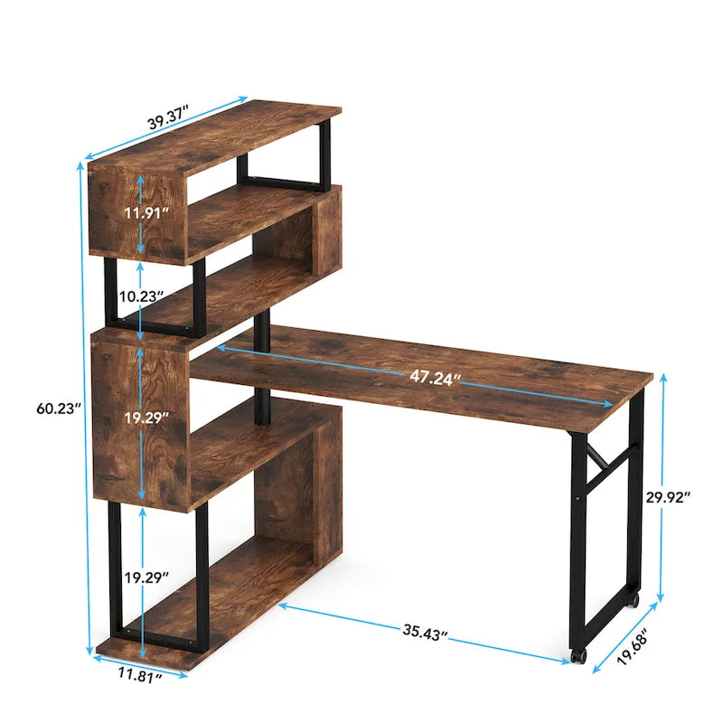Bureau d'angle en L rotatif marron/noir avec étagère de rangement pour bureau à domicile