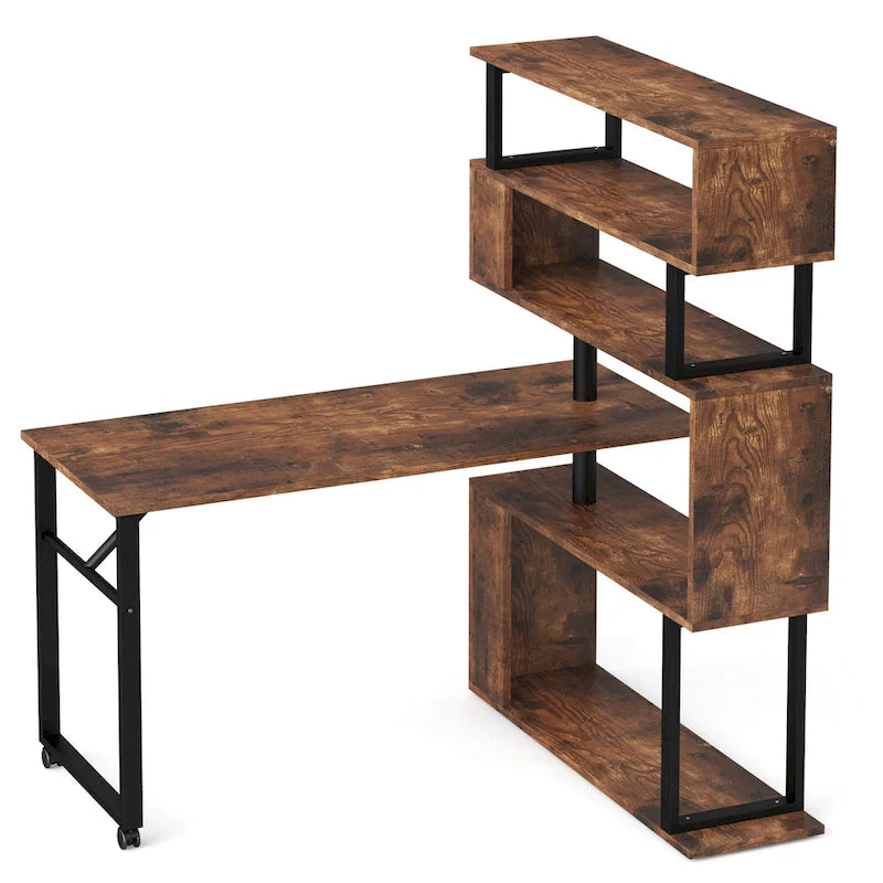 Bureau d'angle en L rotatif marron/noir avec étagère de rangement pour bureau à domicile