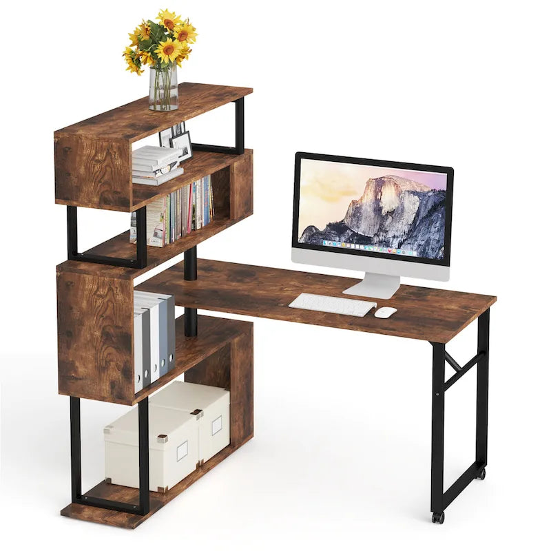 Bureau d'angle en L rotatif marron/noir avec étagère de rangement pour bureau à domicile