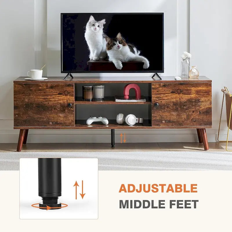 Meuble TV pour téléviseur de 55-60 pouces, centre de divertissement avec armoire de rangement, console multimédia de style milieu de siècle, charnière réglable