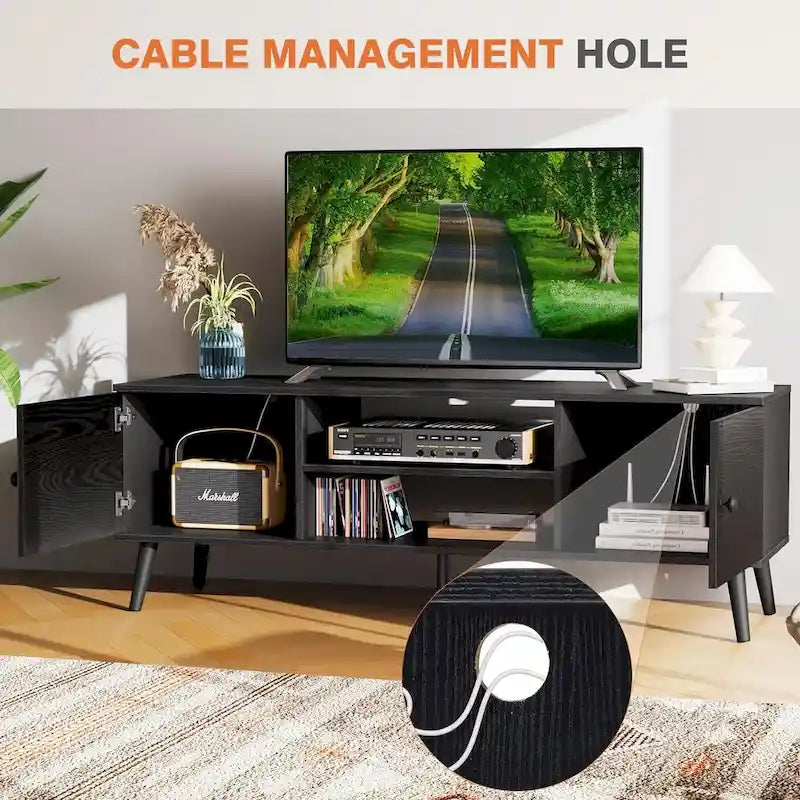 Meuble TV pour téléviseur de 55-60 pouces, centre de divertissement avec armoire de rangement, console multimédia de style milieu de siècle, charnière réglable