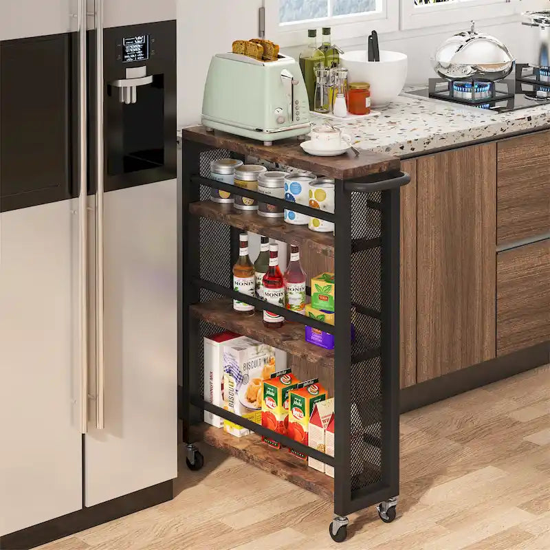 Chariot de rangement de cuisine à roulettes étroit marron, desserte à roulettes fine à 4 niveaux avec poignée pour petits espaces
