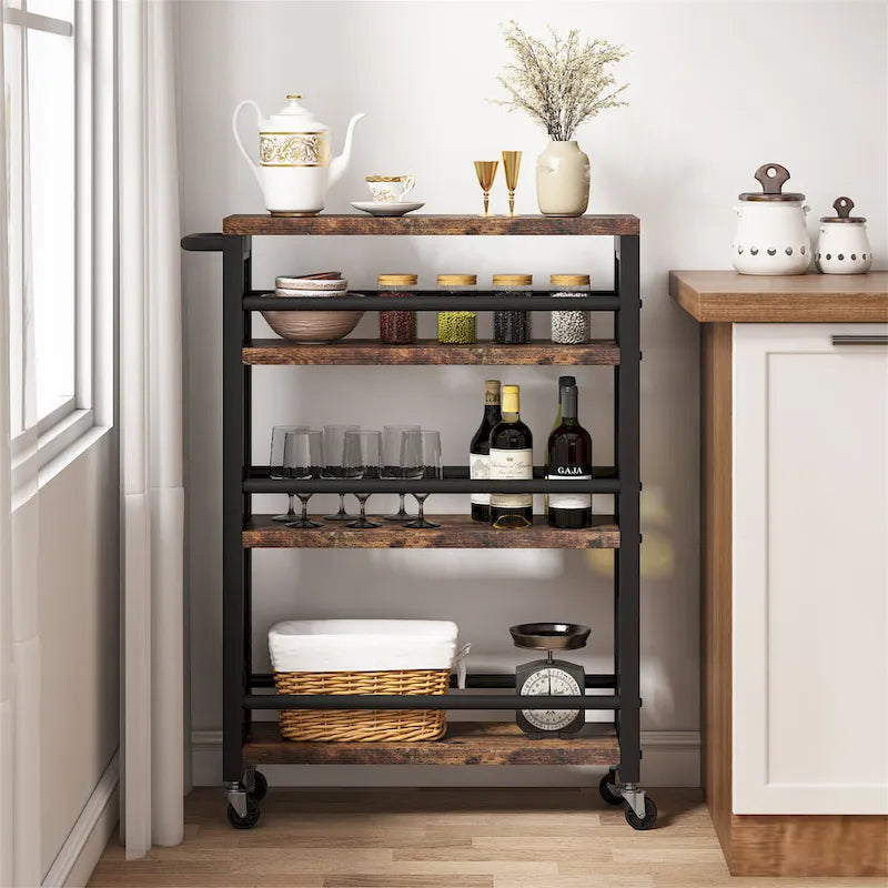 Chariot de rangement de cuisine à roulettes étroit marron, desserte à roulettes fine à 4 niveaux avec poignée pour petits espaces