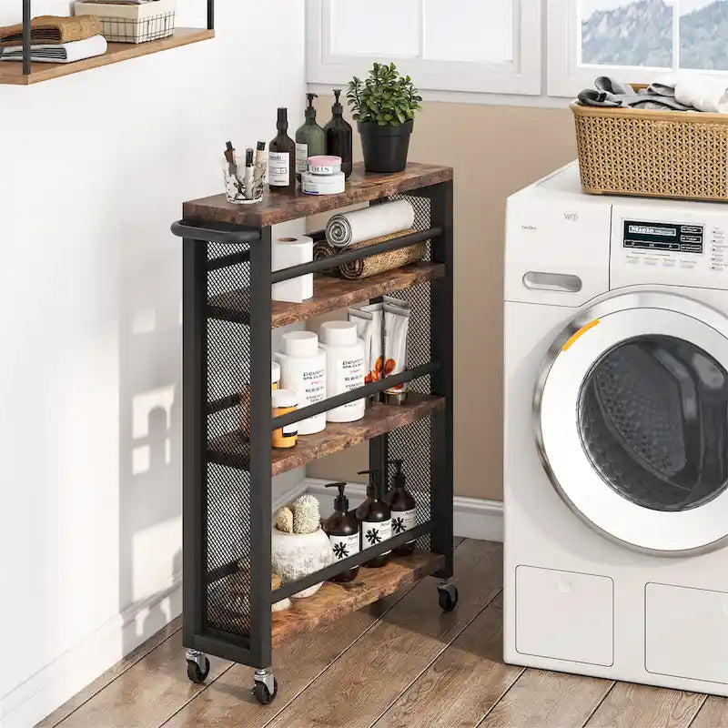 Chariot de rangement de cuisine à roulettes étroit marron, desserte à roulettes fine à 4 niveaux avec poignée pour petits espaces