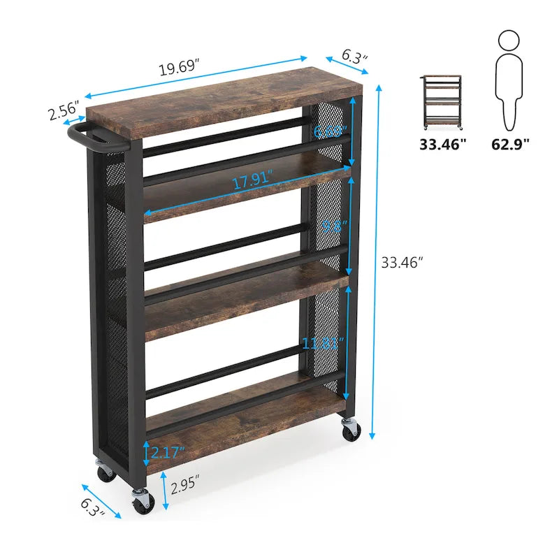 Chariot de rangement de cuisine à roulettes étroit marron, desserte à roulettes fine à 4 niveaux avec poignée pour petits espaces