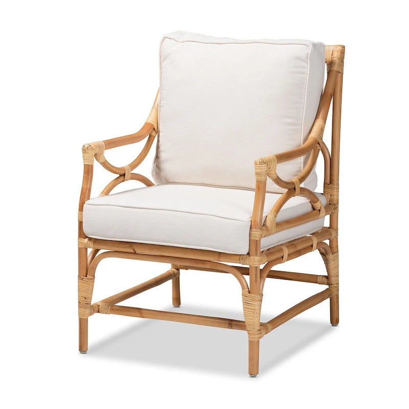 Fauteuil Brandon en rotin capitonné de style bohème – Blanc/Naturel