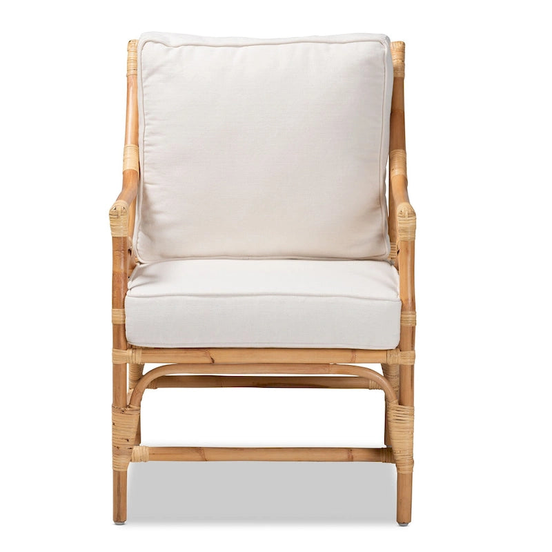 Fauteuil Brandon en rotin capitonné de style bohème – Blanc/Naturel