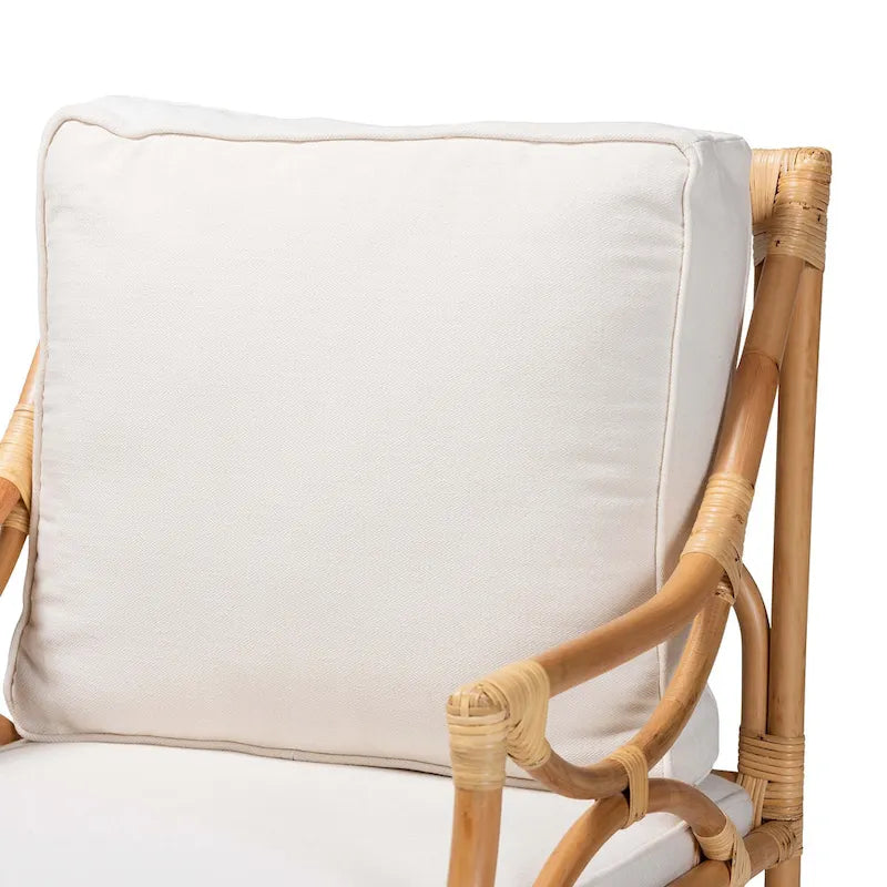 Fauteuil Brandon en rotin capitonné de style bohème – Blanc/Naturel
