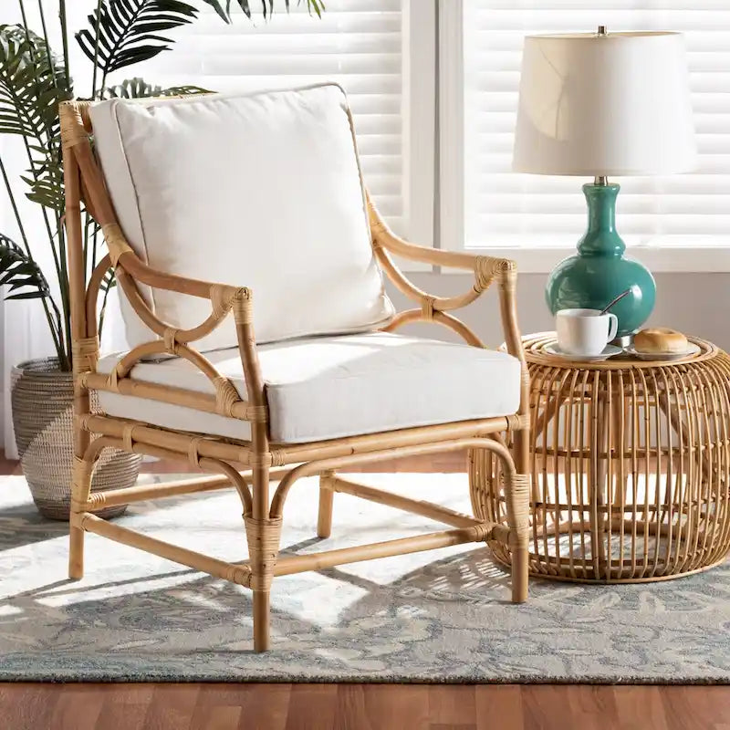 Fauteuil Brandon en rotin capitonné de style bohème – Blanc/Naturel