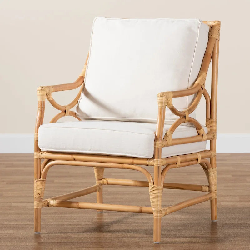 Fauteuil Brandon en rotin capitonné de style bohème – Blanc/Naturel