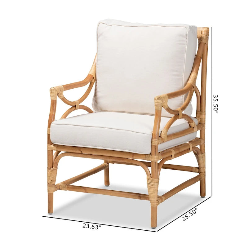 Fauteuil Brandon en rotin capitonné de style bohème – Blanc/Naturel