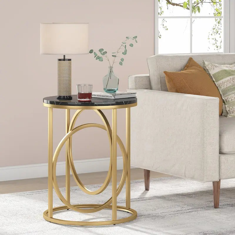 Table d'appoint ronde en bois, marbre blanc, 50 cm, avec base dorée en forme de O