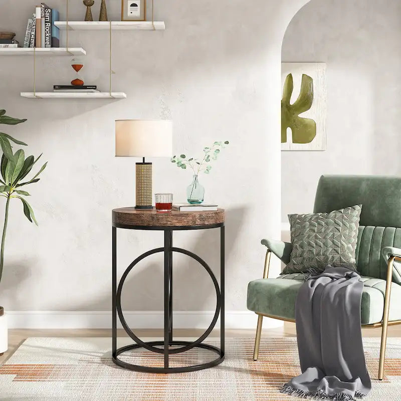 Table d'appoint ronde en bois, marbre blanc, 50 cm, avec base dorée en forme de O