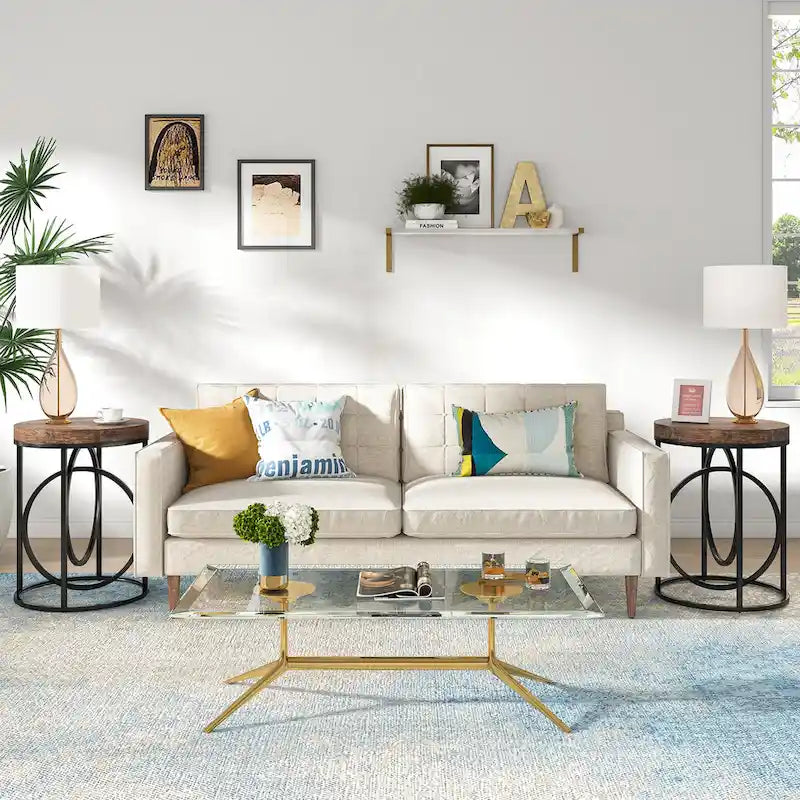 Table d'appoint ronde en bois, marbre blanc, 50 cm, avec base dorée en forme de O