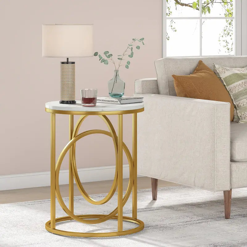 Table d'appoint ronde en bois, marbre blanc, 50 cm, avec base dorée en forme de O