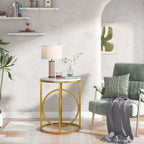 Table d'appoint ronde en bois, marbre blanc, 50 cm, avec base dorée en forme de O