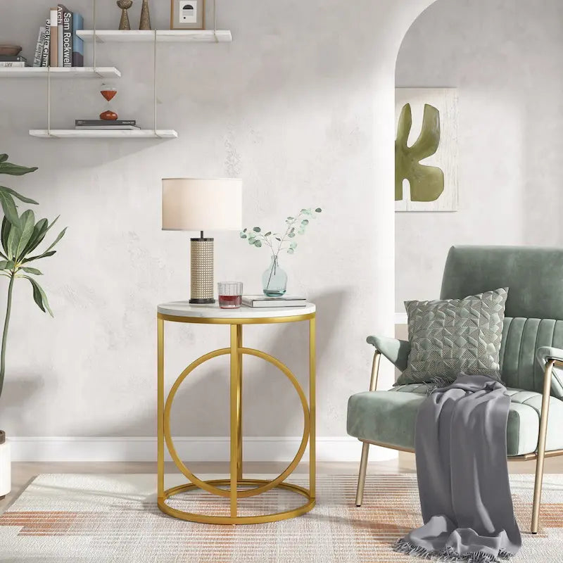 Table d'appoint ronde en bois, marbre blanc, 50 cm, avec base dorée en forme de O