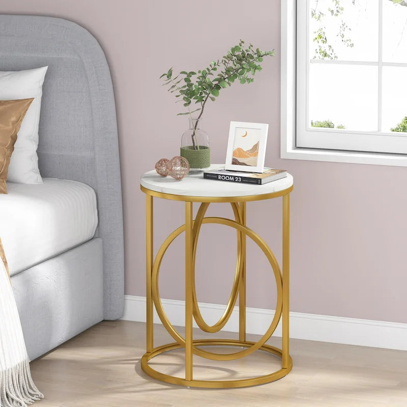 Table d'appoint ronde en bois, marbre blanc, 50 cm, avec base dorée en forme de O