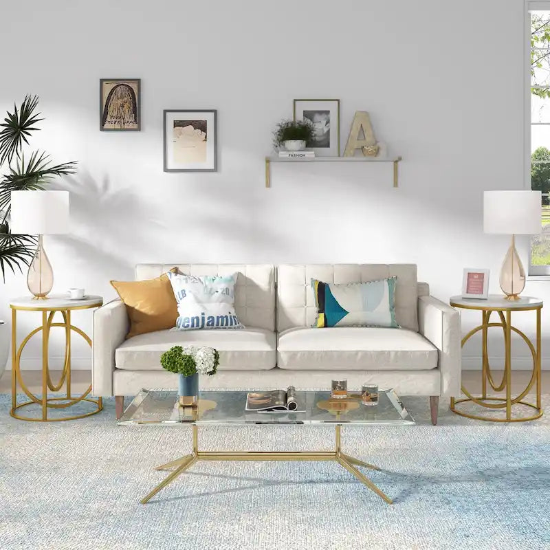 Table d'appoint ronde en bois, marbre blanc, 50 cm, avec base dorée en forme de O