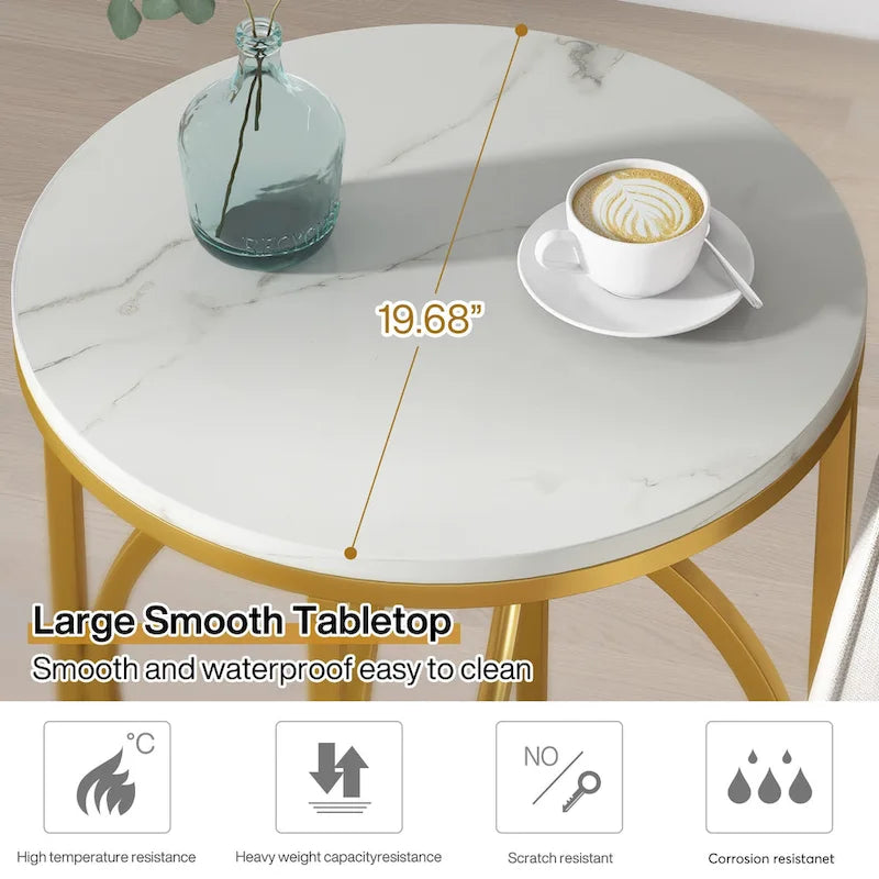 Table d'appoint ronde en bois, marbre blanc, 50 cm, avec base dorée en forme de O