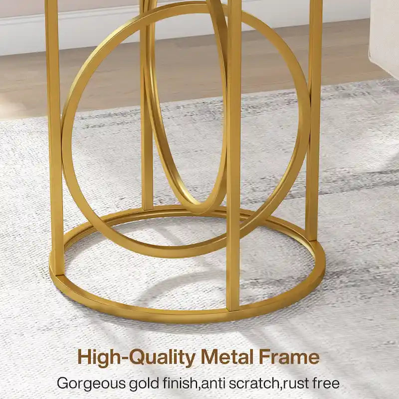 Table d'appoint ronde en bois, marbre blanc, 50 cm, avec base dorée en forme de O