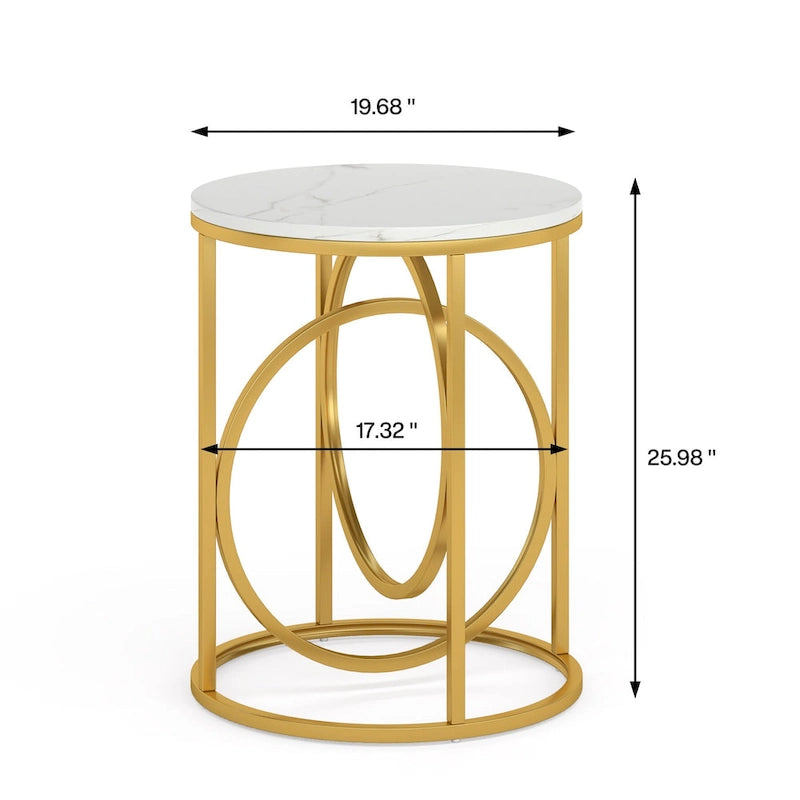 Table d'appoint ronde en bois, marbre blanc, 50 cm, avec base dorée en forme de O