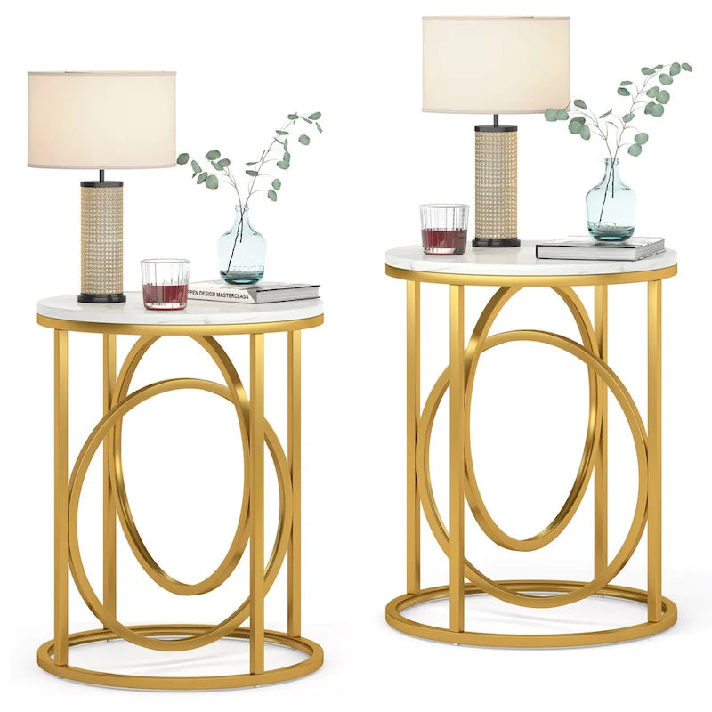Table d'appoint ronde en bois, marbre blanc, 50 cm, avec base dorée en forme de O
