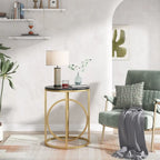 Table d'appoint ronde en bois, marbre blanc, 50 cm, avec base dorée en forme de O