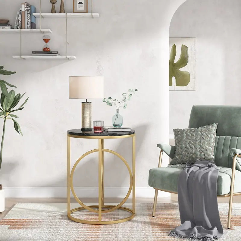 Table d'appoint ronde en bois, marbre blanc, 50 cm, avec base dorée en forme de O