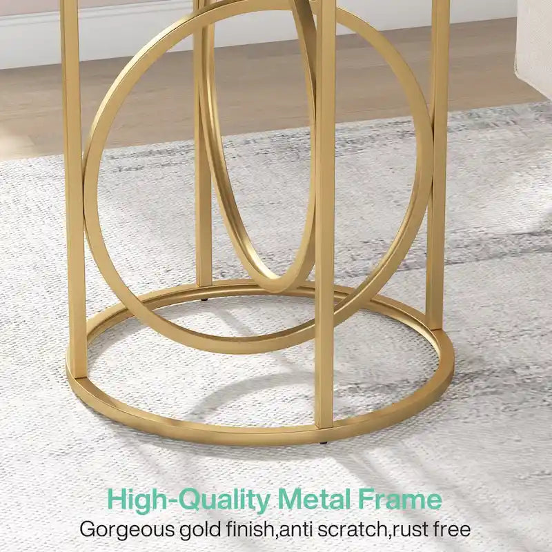 Table d'appoint ronde en bois, marbre blanc, 50 cm, avec base dorée en forme de O