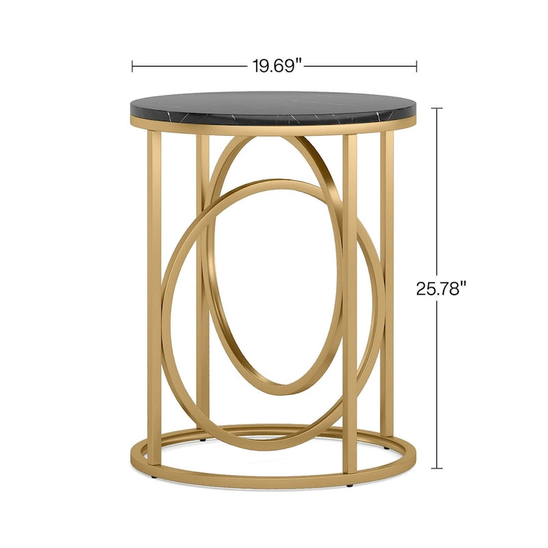 Table d'appoint ronde en bois, marbre blanc, 50 cm, avec base dorée en forme de O