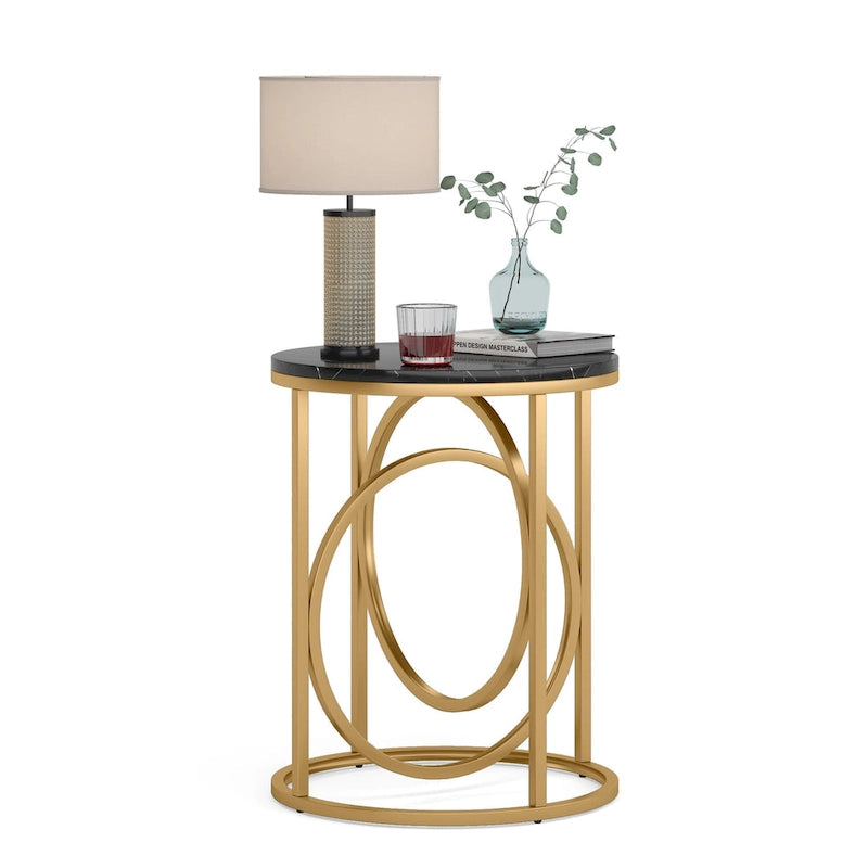 Table d'appoint ronde en bois, marbre blanc, 50 cm, avec base dorée en forme de O