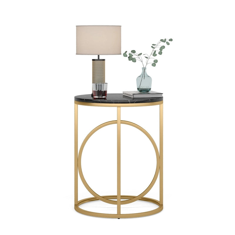 Table d'appoint ronde en bois, marbre blanc, 50 cm, avec base dorée en forme de O
