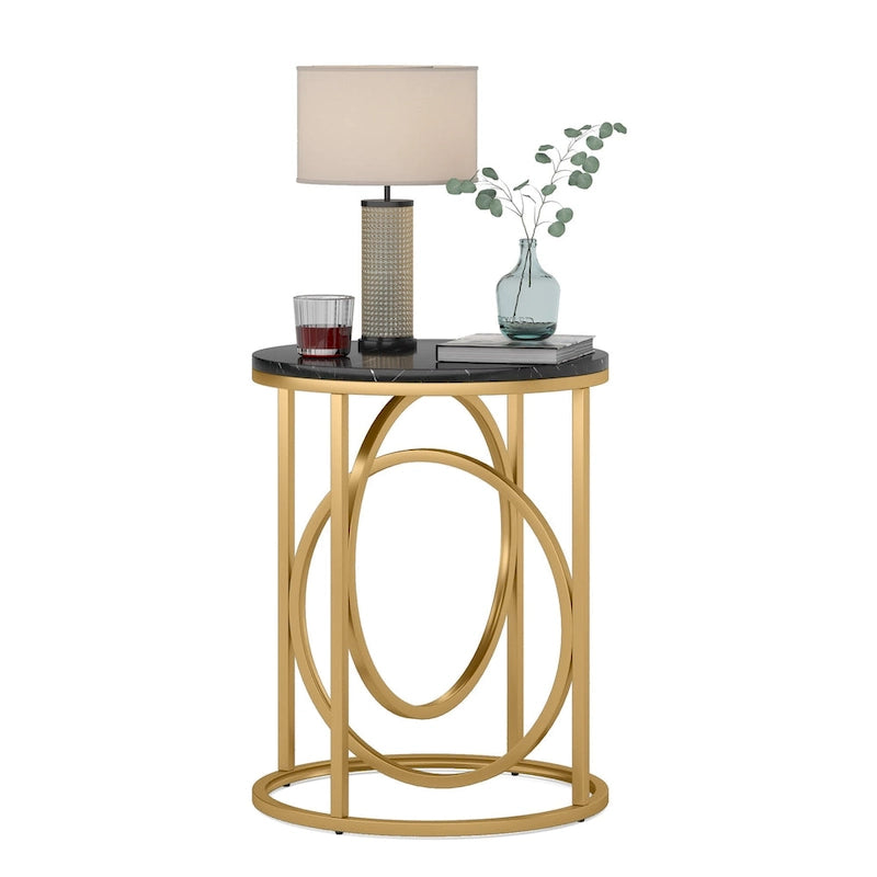 Table d'appoint ronde en bois, marbre blanc, 50 cm, avec base dorée en forme de O