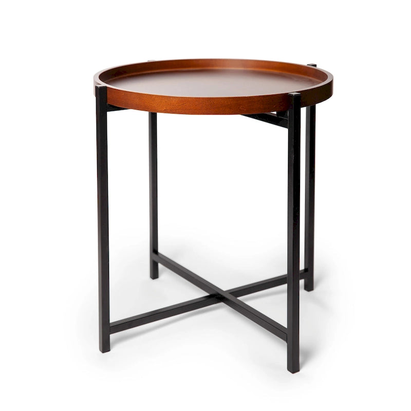 Table d'appoint ronde moderne du milieu du siècle avec plateau en bois amovible