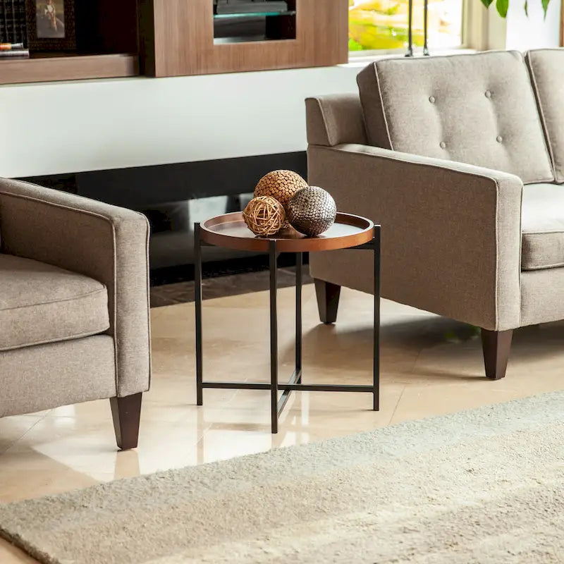 Table d'appoint ronde moderne du milieu du siècle avec plateau en bois amovible